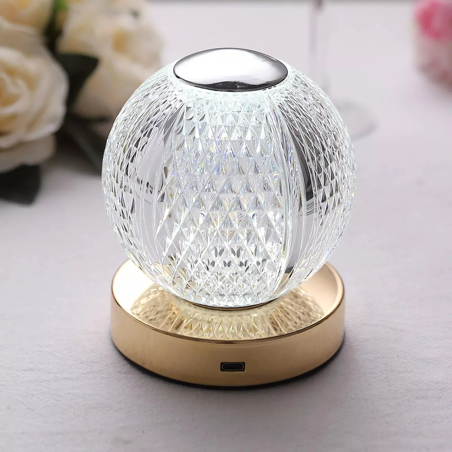 5&#x22; Clear Acrylic Crystal Ball Desk Lamp Rechargeable LED Light Party Decorations