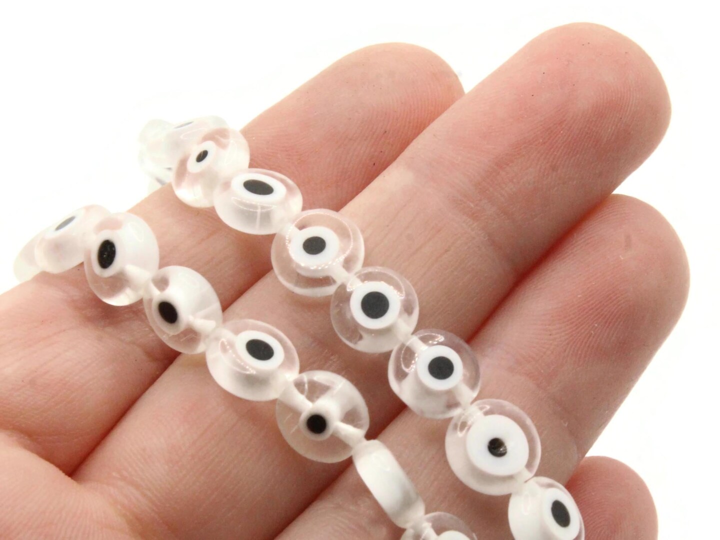 46 8mm Clear Black and White Evil Eye Small Smooth Flat Round Disc Beads