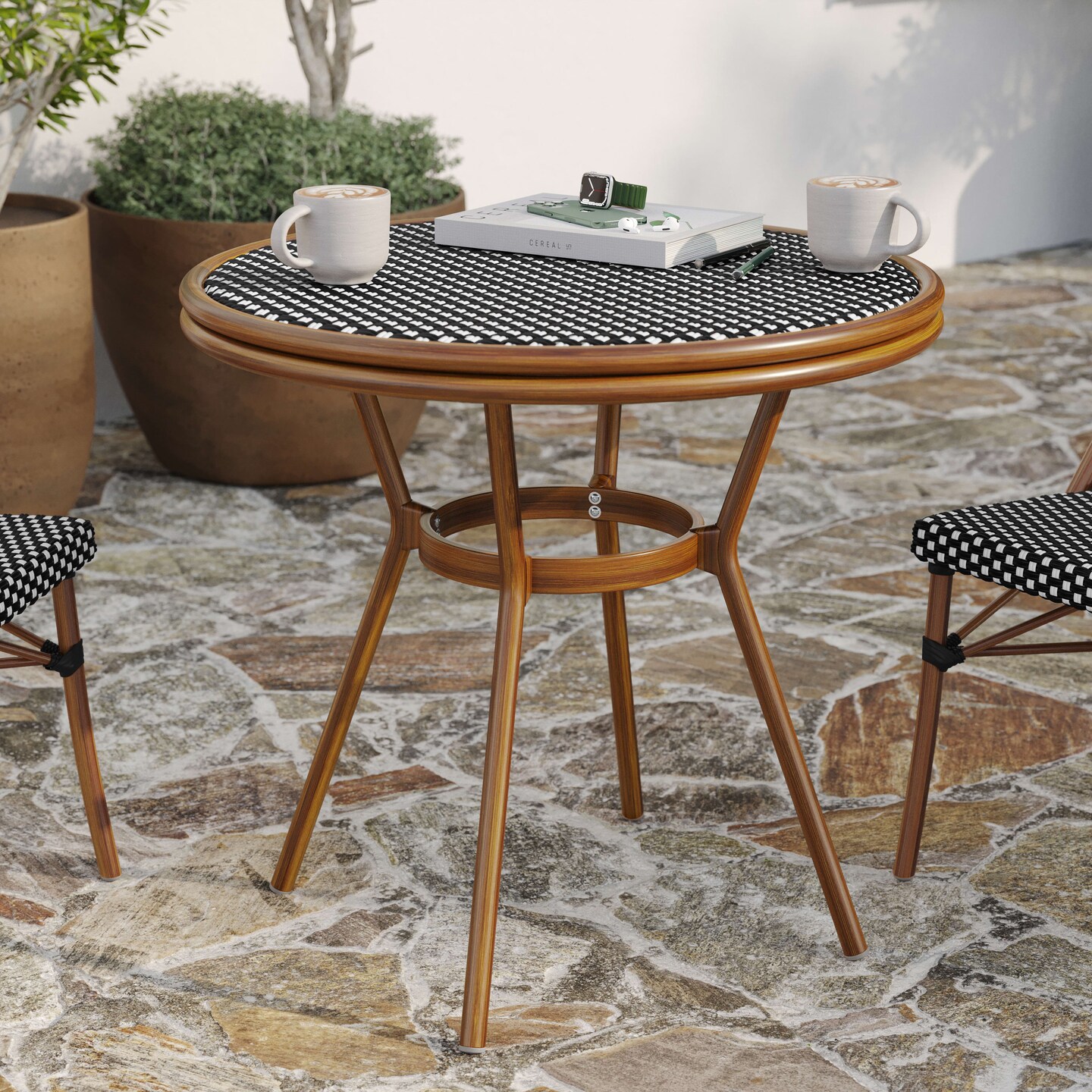 Merrick Lane Celia Bistro Style Table with Tempered Glass Top, PE Rattan, and Bamboo Finished Metal Frame for Indoor/Outdoor Use