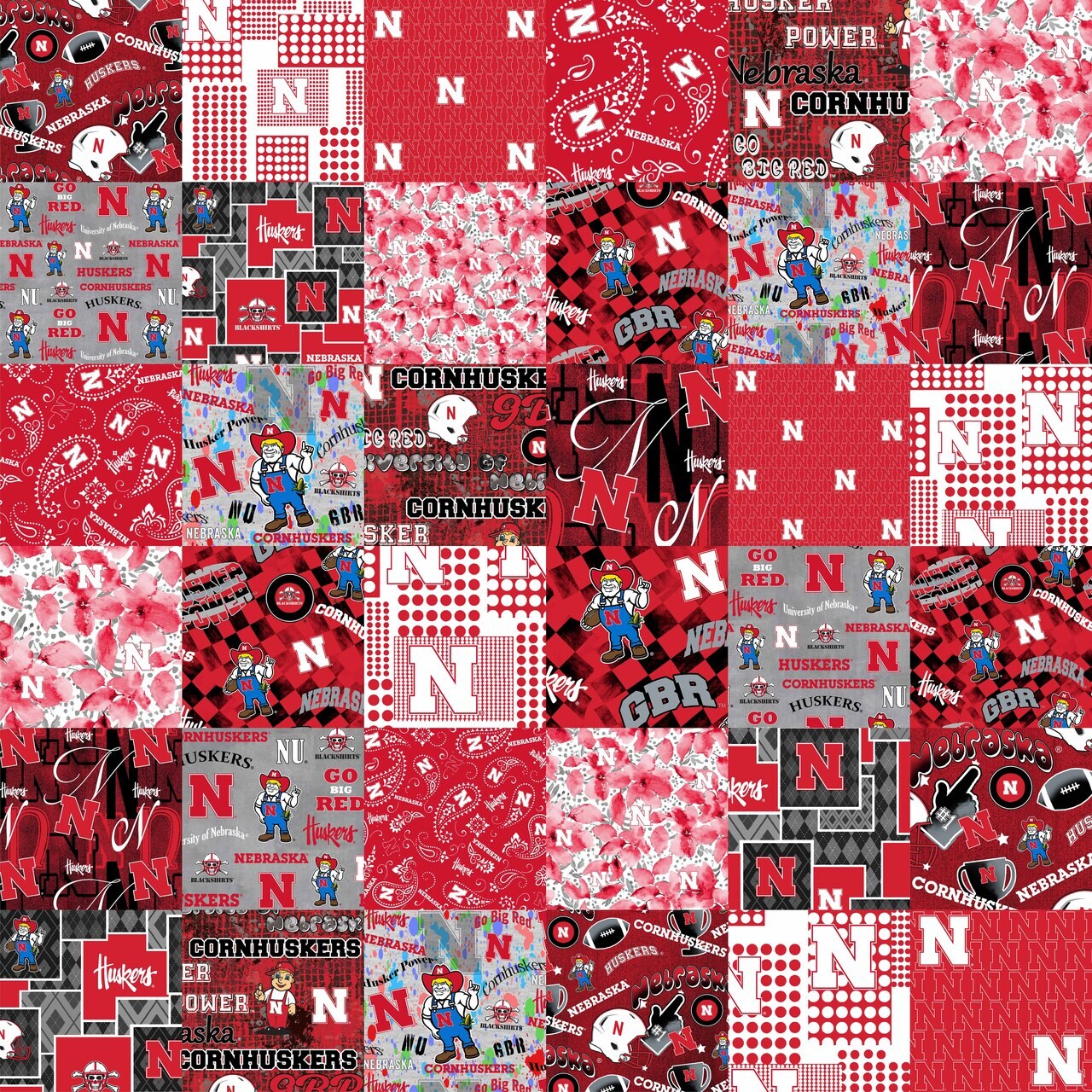 Sykel Enterprises-University of Nebraska Cheater Quilt Printed Cotton Fabric-Nebraska Cornhuskers Cotton Fabric with Patchwork Cheater Quilt Print-60&#x201D; Width