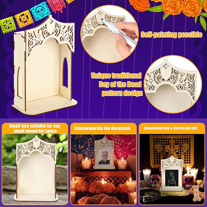 1 Pcs Large Dia De Los Muertos Altar Ofrenda Box, Poplar Plywood Self Painting Color Sacred Heart and Pigeon Papel Picado The Day of The Dead Supplies for Dia De Los Muertos Decorations