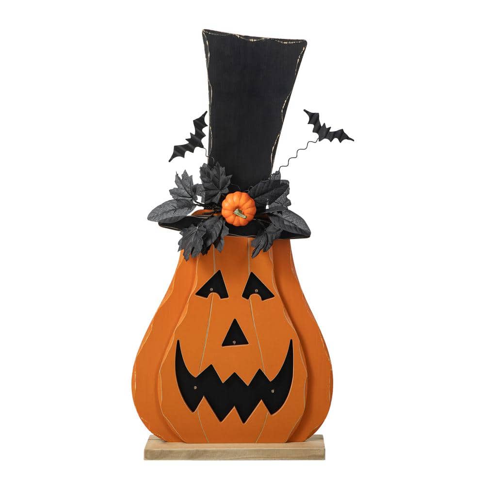 29.5 inch Halloween Lighted Wooden Jack O Lantern Porch Decor with Floral and Timer