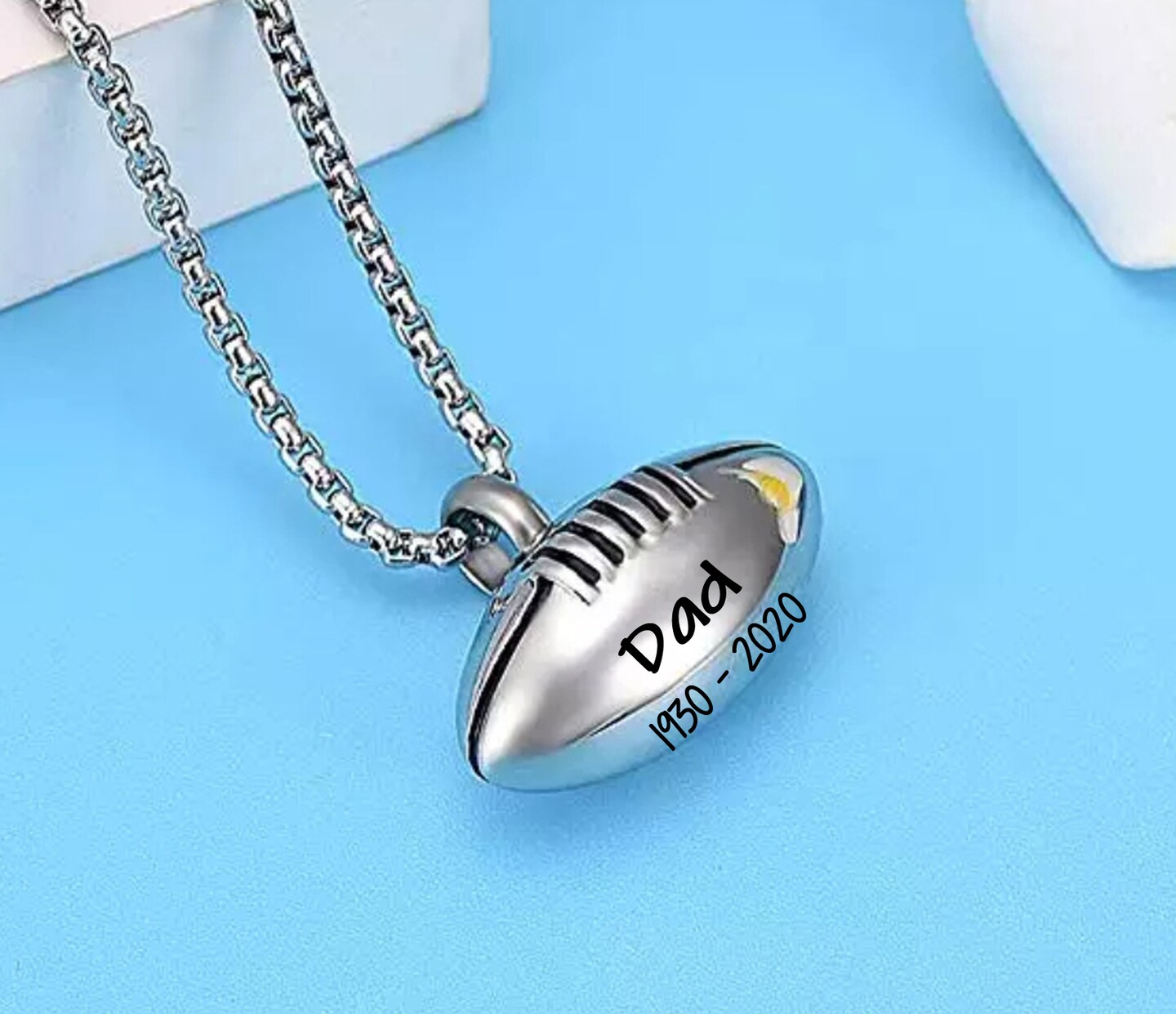 LKJ11941 Rugby Lover's Ball Necklace With Screw To Hold Ashes Keepsake 316L Stai