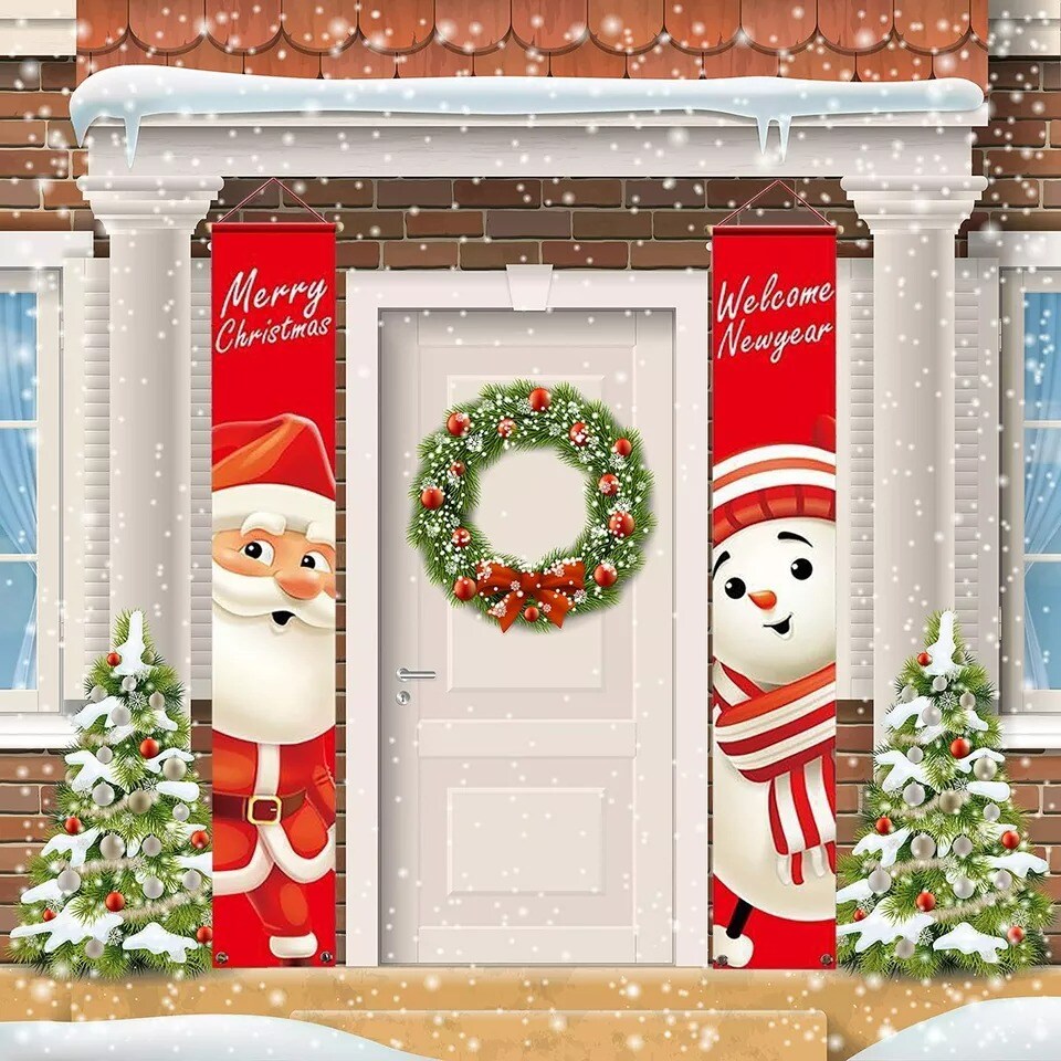 Merry Christmas Snowman Santa Claus Banner Flag Wall Hanging Xmas Party Decor