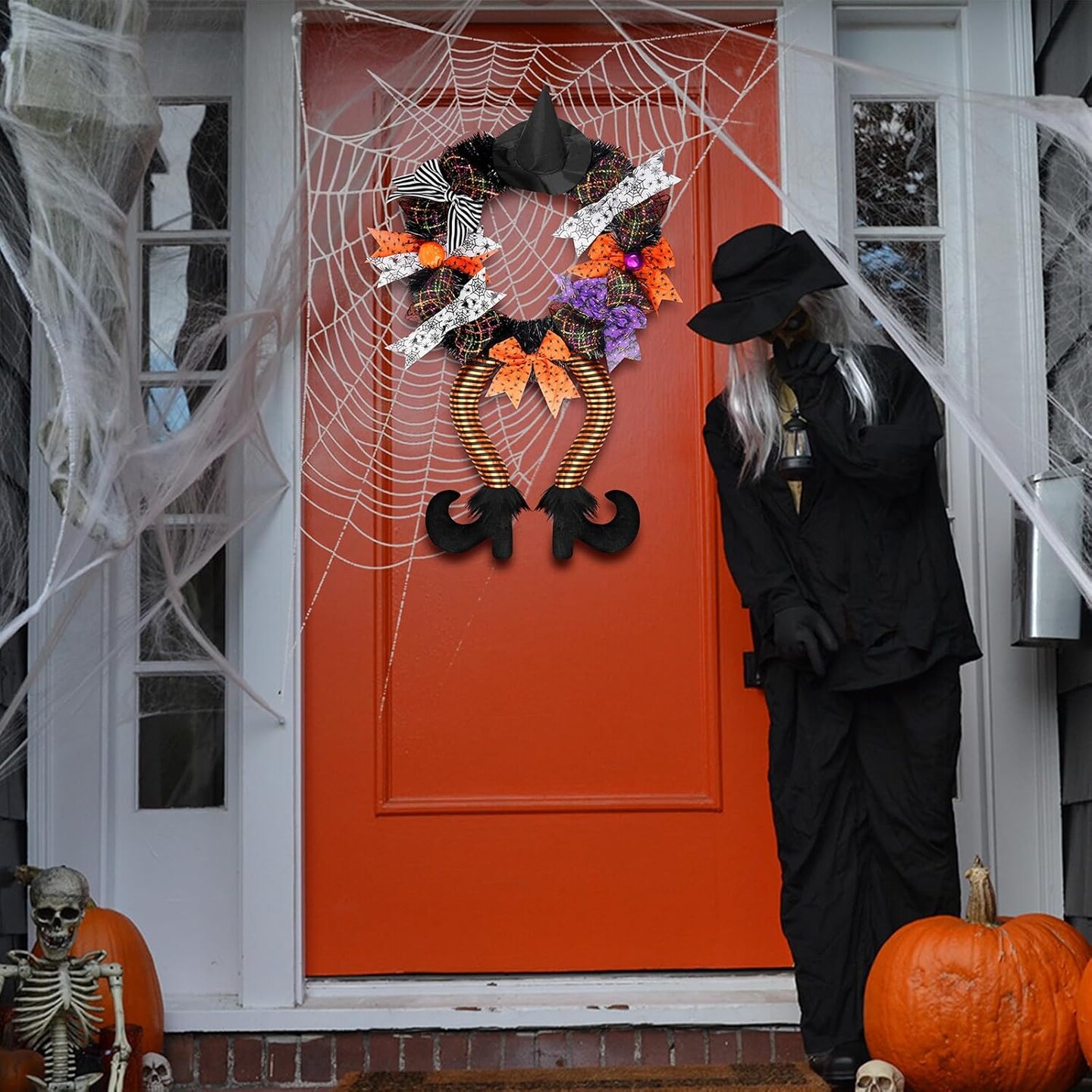 Halloween Wreath - 28 X 12'' Witch Wreaths for Front Door with Witch Hat Legs Pumpkin Harvest Silk Halloween Hanging Decor Wreath Sign Halloween Decorations for Door, Porch, Window,Indoor and Outdoor