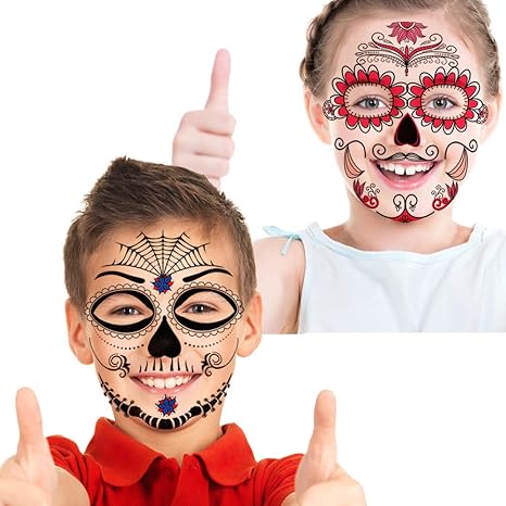 Halloween Temporary Face Tattoos (12Pack), Konsait Day of the Dead Sugar Skull Floral Black Skeleton Web Red Roses Full Face Mask Tattoo for Women Men Adult Kids Boys Halloween Party Favor Supplies