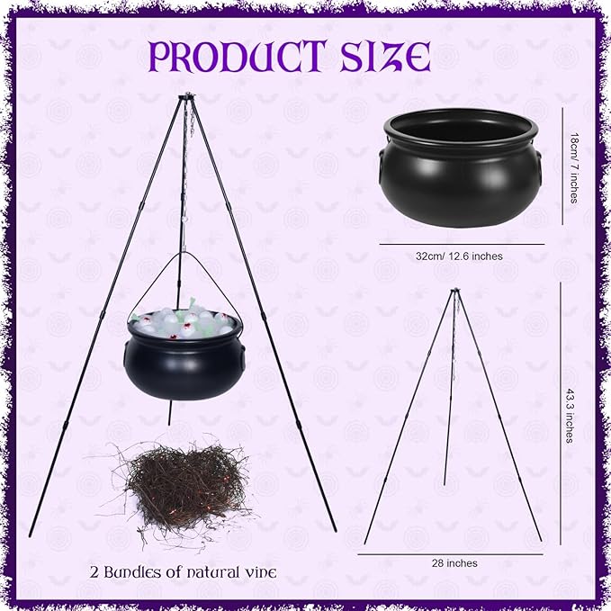 Halloween Decorations Outdoor Witches Cauldron Halloween Decor Plastic Cauldron on Tripod with Lights Eyeballs Bone Black Cauldron Halloween Party Decorations Halloween Cauldron for Porch Lawn