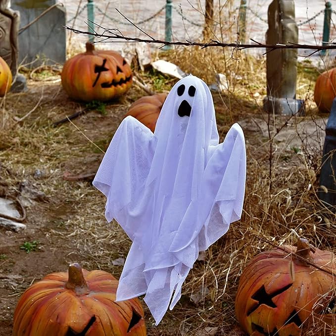 3 Pcs 31.5" Light Up White Hanging Ghost: Flying Ghosts with LED Lights Cute Decor for Halloween Outdoor Tree Yard Haunted House Decorations
