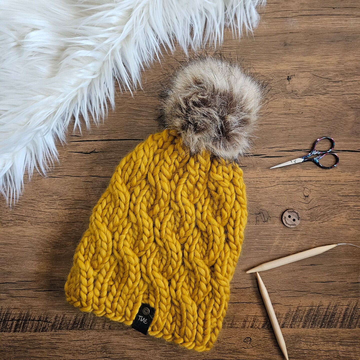 Cable Knit Beanie Mustard Winter Hat Bula Chunky Orange Sherbet Cable Knit  Winter Pom Beanie Hat Fleece Lined