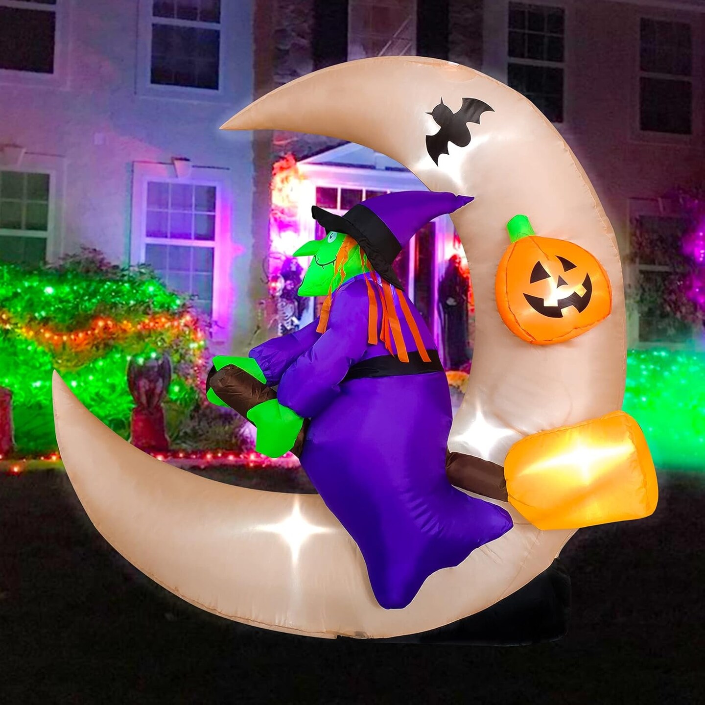 4.6ft Long Halloween Inflatable Witch Sitting on The Moon Decoration