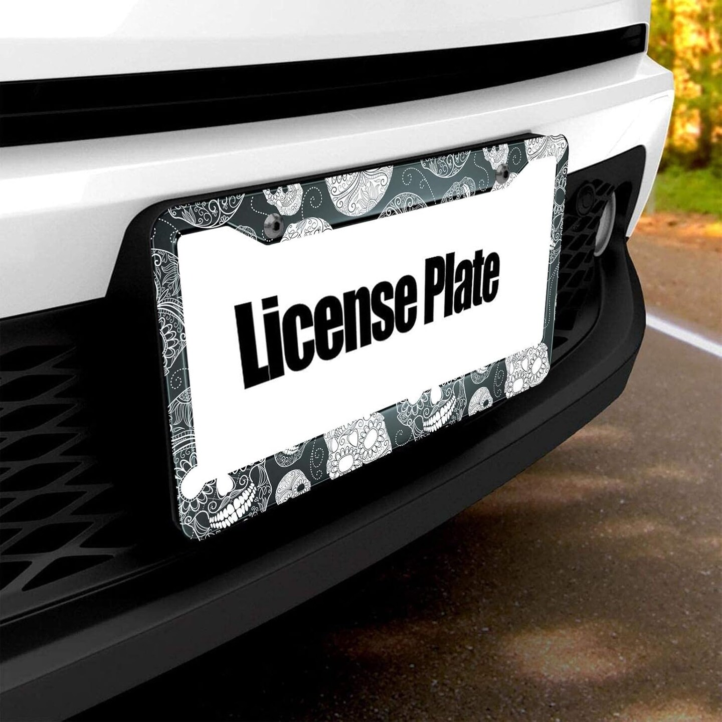 Black and White Sugar Skull License Plate Frame
