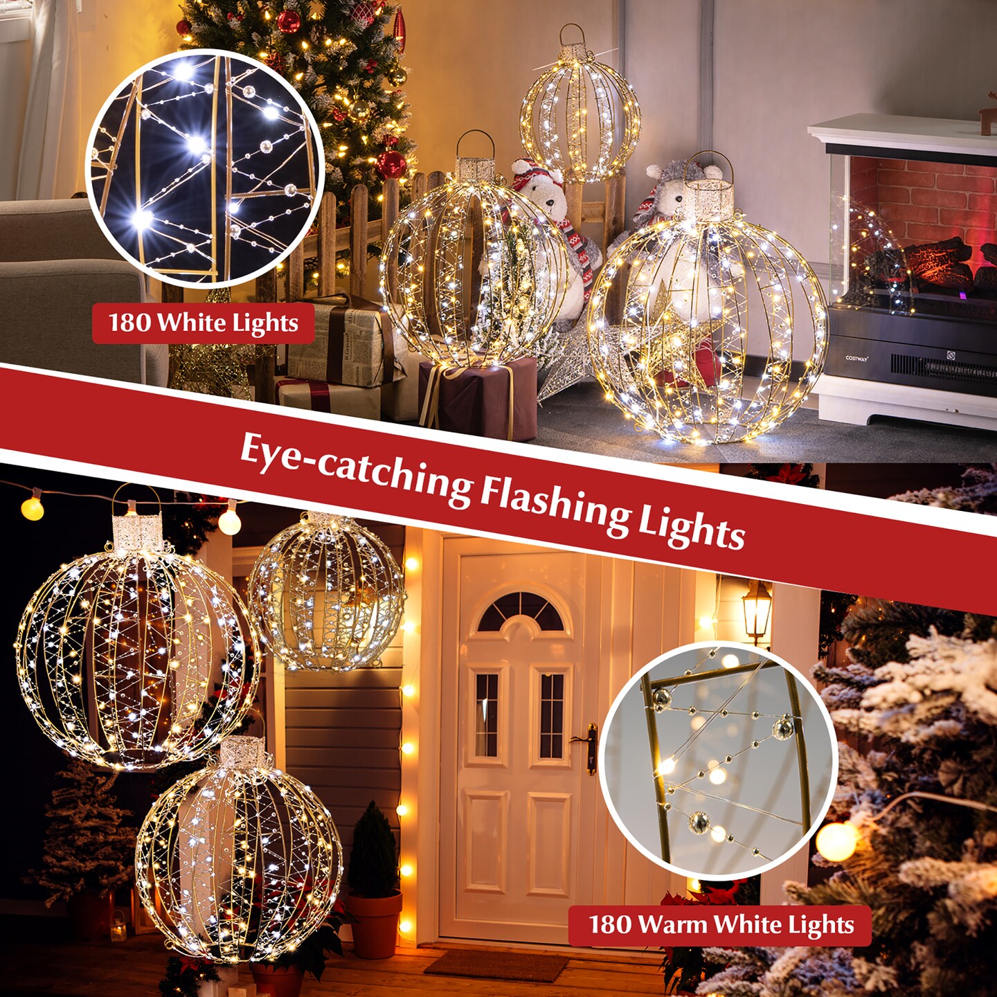 Costway 3 Pack Christmas LED Light Balls Outdoor Hanging Light Spheres w/360 Lights