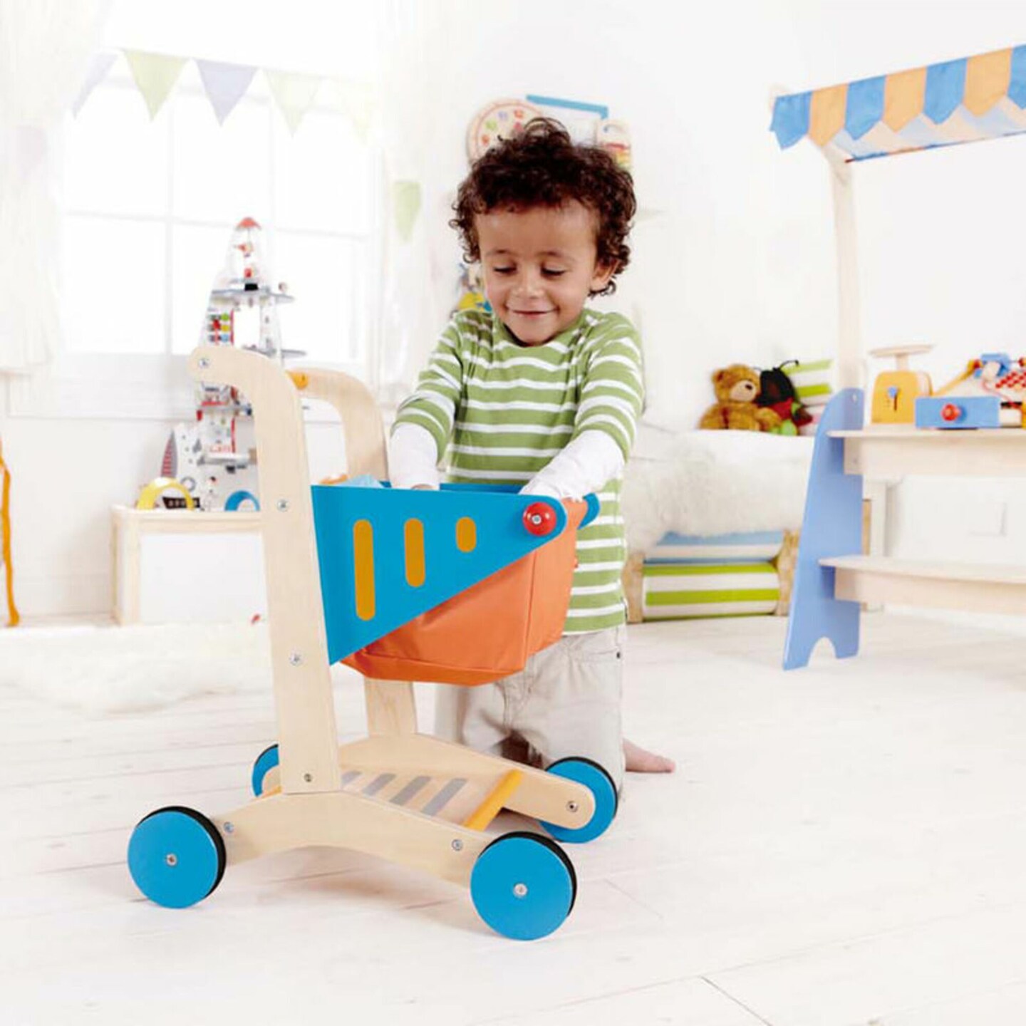 Hape Wooden Shopping Cart in Orange &#x26; Blue, Kids Pretend Play Toy