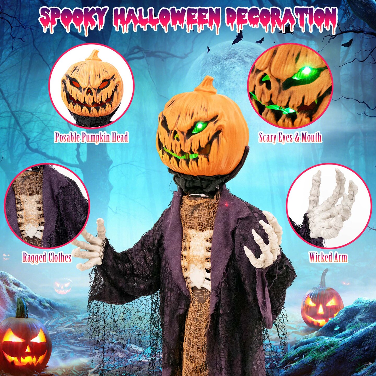 Costway 5.6 FT Halloween Animated Standing Pumpkin Scarecrow with Weird Phrases &#x26; LED Eyes