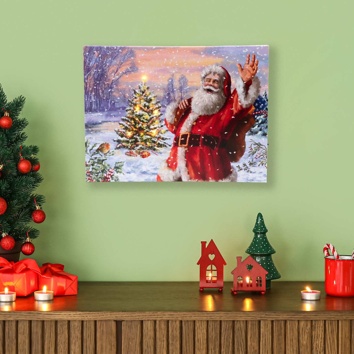 Northlight Lighted Santa with Christmas Tree Canvas Wall Art - 11.75" x 15.75"