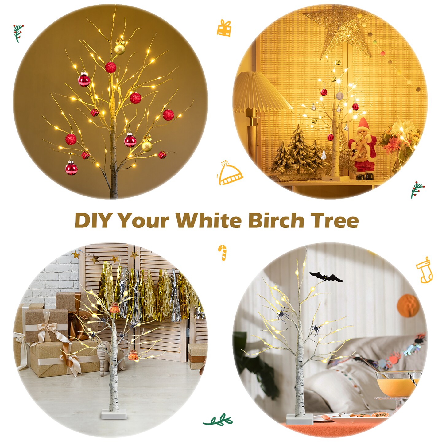 Costway 2ft/ 4ft/ 5ft/ 6ft Pre-lit White Twig Birch Tree for Christmas Holiday w/ LED Lights