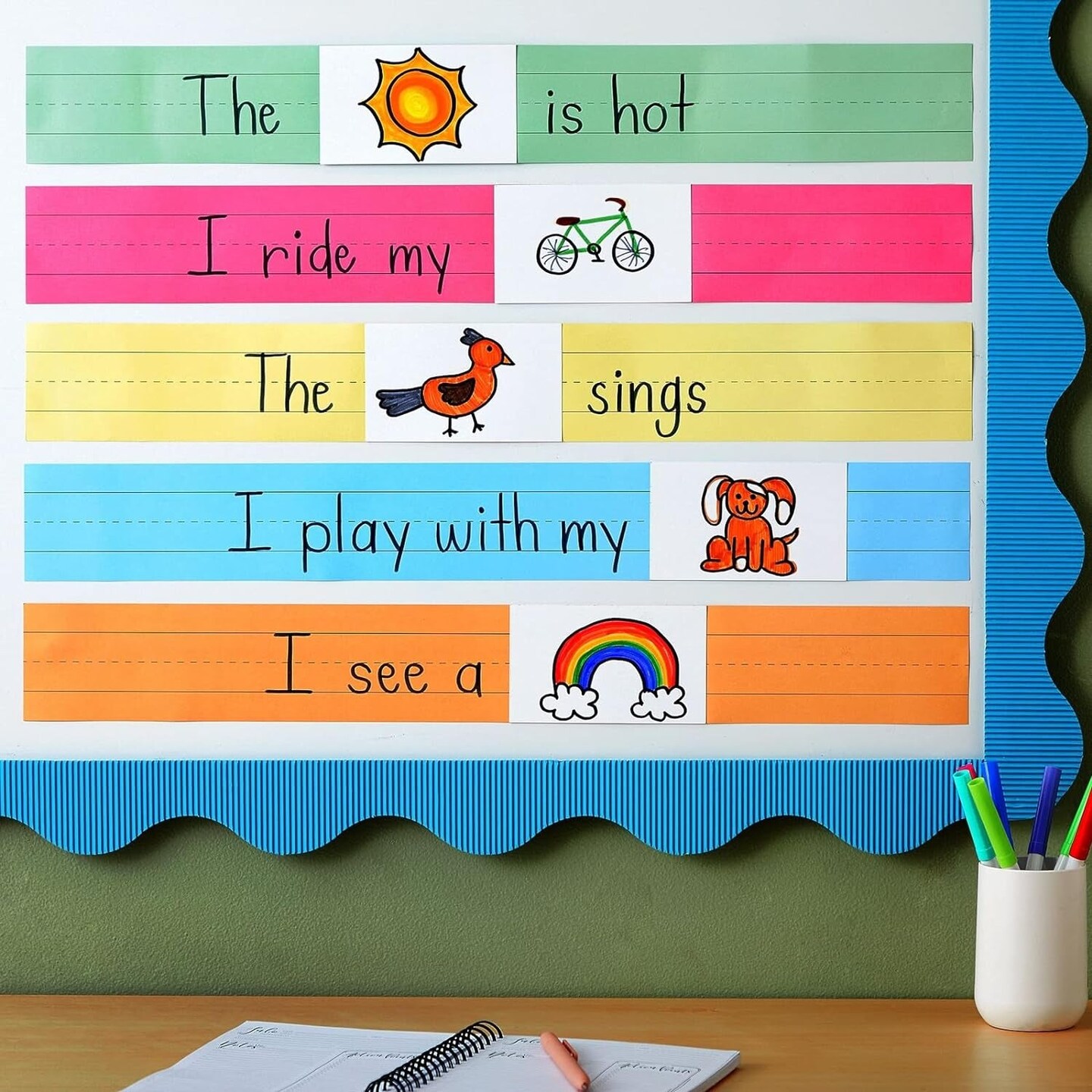 100 Pack Colored Sentence Strips for Teacher Supplies, Classroom, Lined Paper Borders for Writing Words (5 Colors, 3 X 24 In)