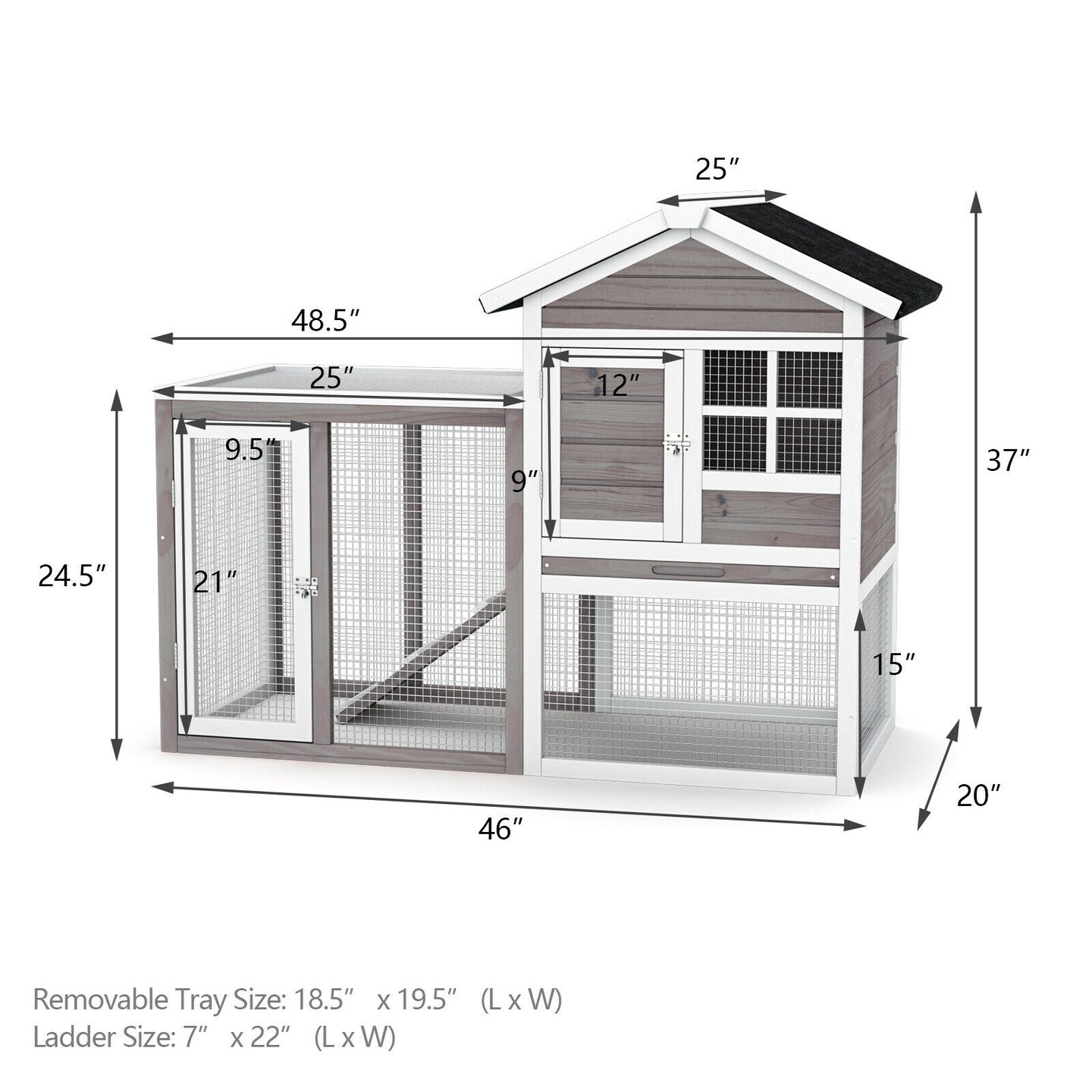 Wooden Rabbit Hutch 2-Story Enclosed Wire Cage Gray Asphalt Roof