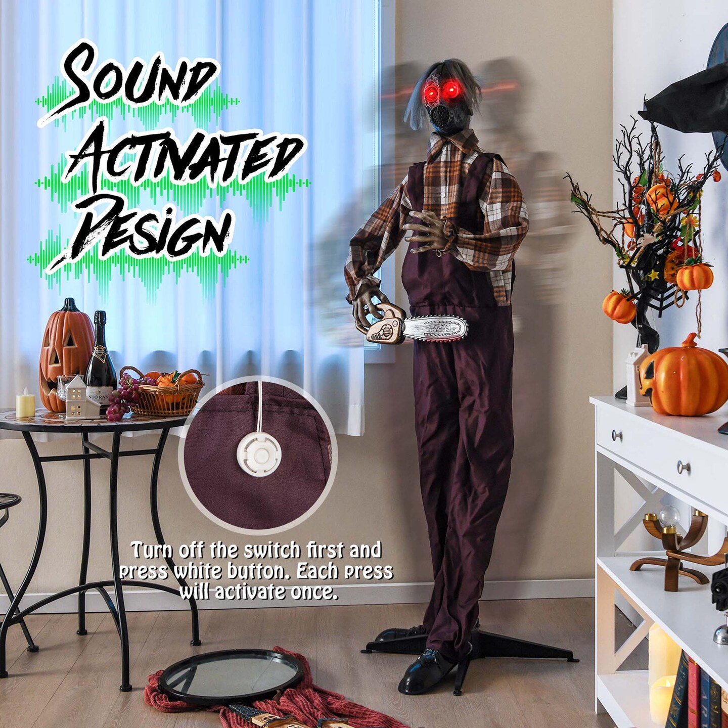 Costway Halloween Animatronic Shaking Haunted Man w/ Chainsaws Life Size Scary Bio-Human w/ Sound Activated Design & Control Button