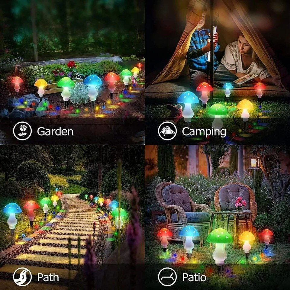 8Pcs Solar Mushroom Lights 8-Mode Cute Fairy String Garden Pathway Xmas Decor