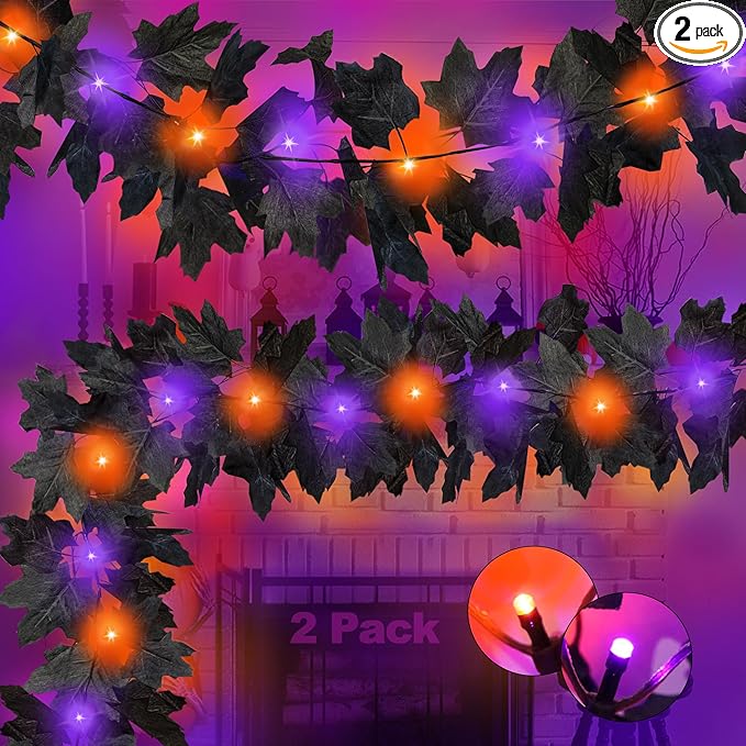 2 Pack Halloween Decorations Black Leaf Garland with Orange &#x26; Purple Lights, Total 13Ft 40 LED Halloween Hanging Artificial Garlands Battery Operated Lights Decor for Home Indoor Outdoor Fireplace