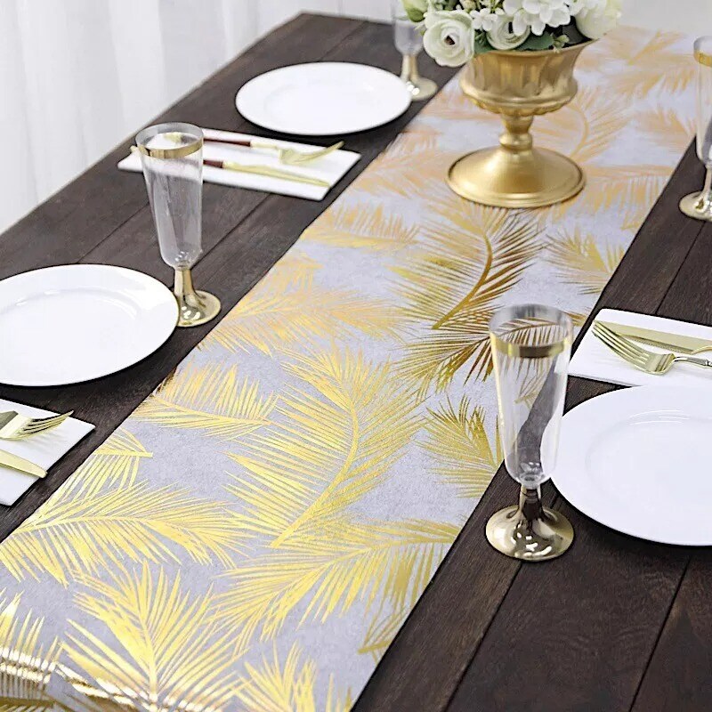 White Gold 11&#x22;x108&#x22; Palm Leaves Print Non Woven Fabric Table Runner Party Events