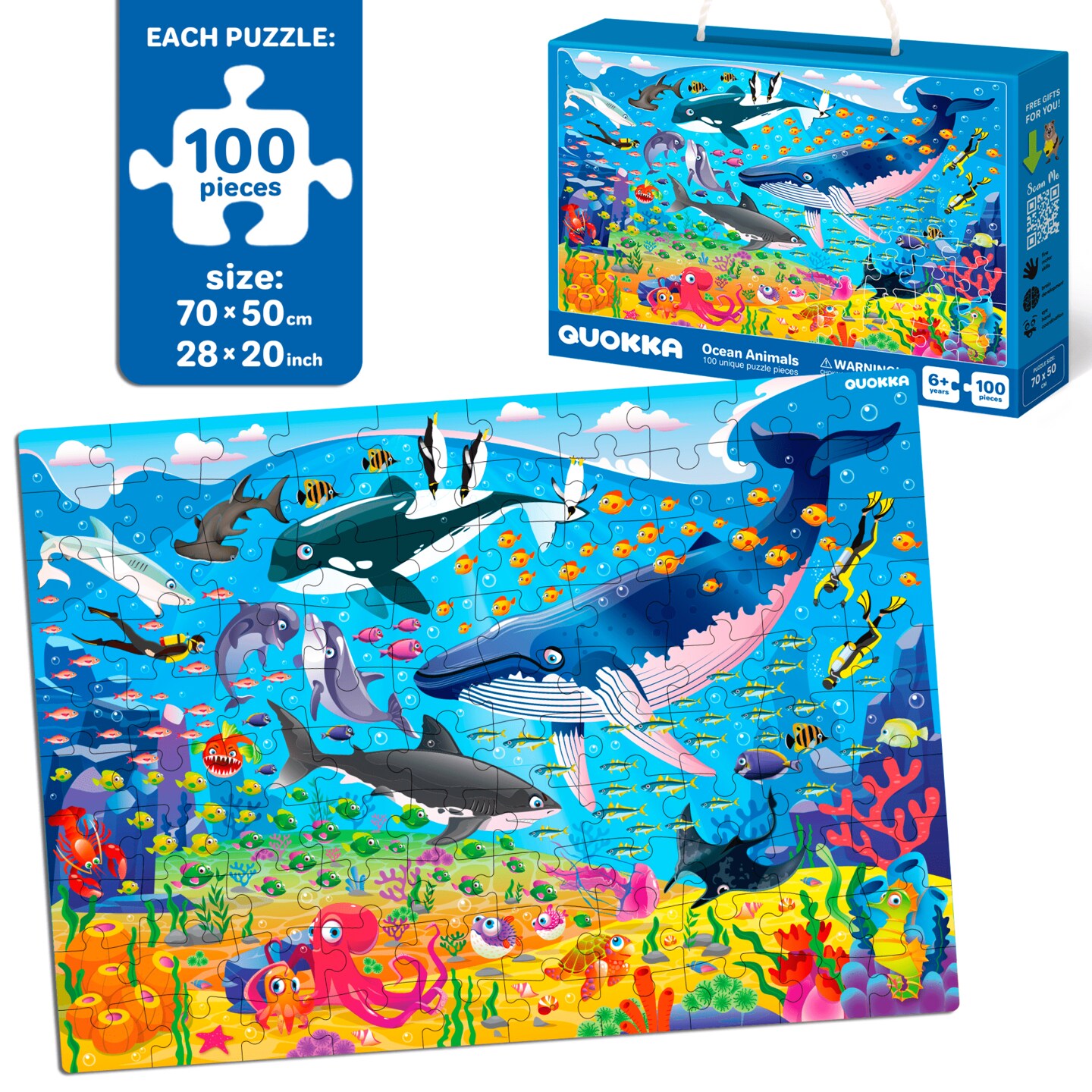 QUOKKA 100 Piece Puzzles for Kids Ages 4-6 &#x2013; 3 Floor Kids Puzzles Ages 6-8 Year Old &#x2013; Toy for Learning Ocean &#x26; Forest Animals for 8-10 yo &#x2013; Jigsaw Toddler Game for Boy and Girl Ages 3-5