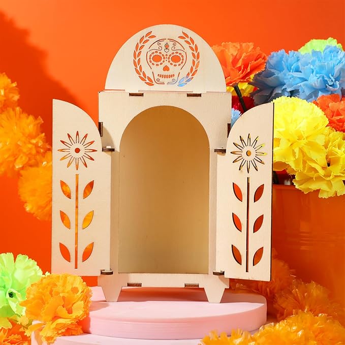 Dia De Los Muertos Ofrenda Shadow Box, Wooden Day of The Dead Shadow Box, Skull Papel Picado Day of The Dead Decorations, Altar Ofrenda Supplies, Remembrance Picture Frame Shadow Box (1 Piece)