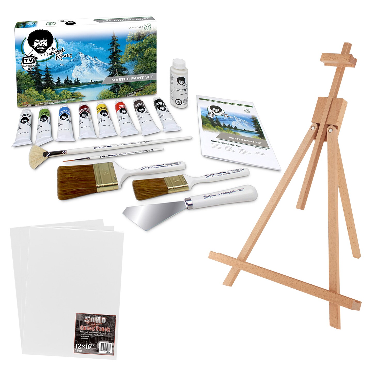 Bob Ross Master Artist Oil Paint Set Bundle with Wood Tabletop Travel Art Easel and Canvas Panels 3pk 12x16 3 Items