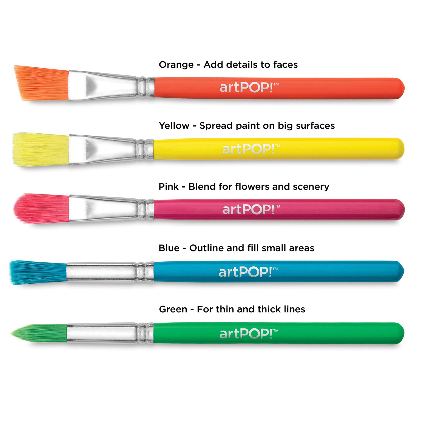 artPOP! Kids Rainbow Brushes, Set of 5 Colorful Synthetic Paintbrushes with Wood Handles for Acrylic Paint, Watercolors, and Tempera
