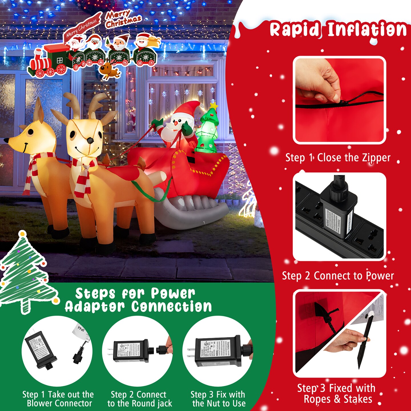 Costway 7.2 FT Inflatable Santa Claus Sleigh and Reindeer w/ LED Lights &#x26; Christmas Tree