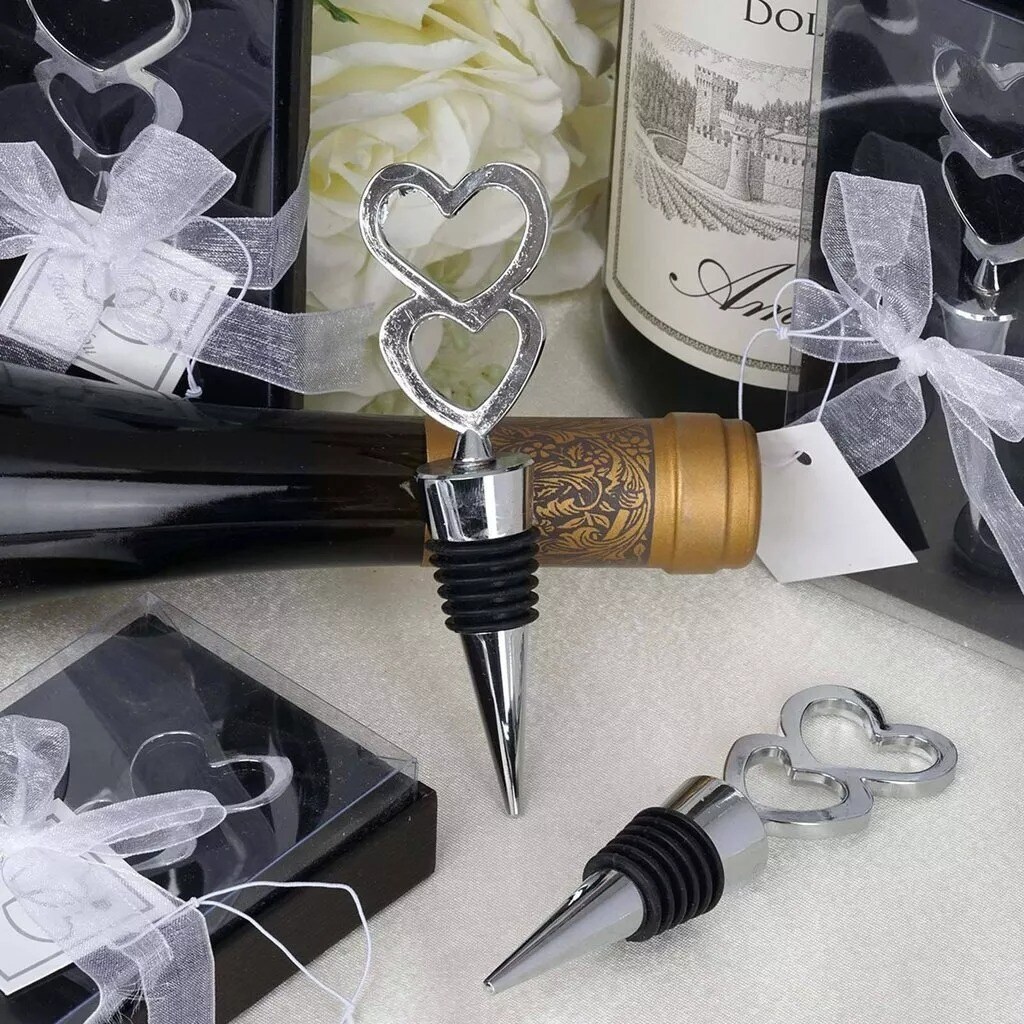 10 Silver Double Heart Wine Bottle Stoppers Wedding Party Favors Supplies