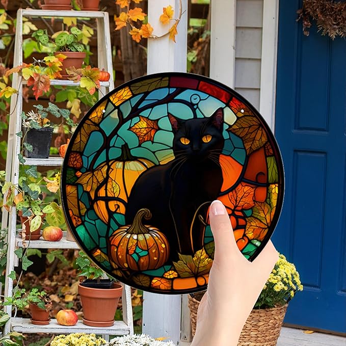Halloween Blcak Cat Hanging Decorations Indoor with Suction Cup- Outdoor Scary Black Cat Hanging Decorations for Front Door Wall,Acrylic Halloween Wreaths for Front Door