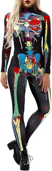 Women Halloween Party Costume Skull Print Long Sleeve Jumpsuit Outfit