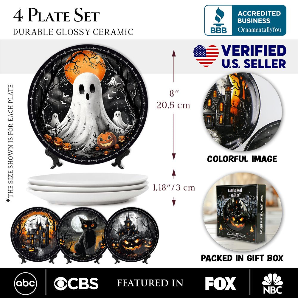 Haunted Night Set of 4 Plates, Black Halloween Tableware Collection for Salad, Dessert, Appetizer, and Side Plates