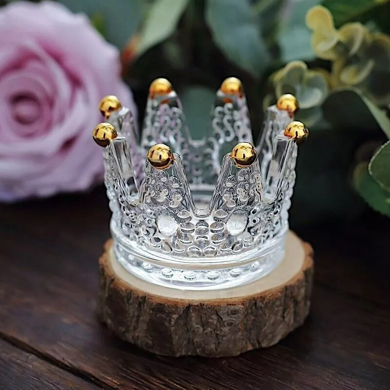 Clear Gold 6 Crown 3&#x22; x 2&#x22; Crystal Glass Candle Holders Beaded Tips Party Events
