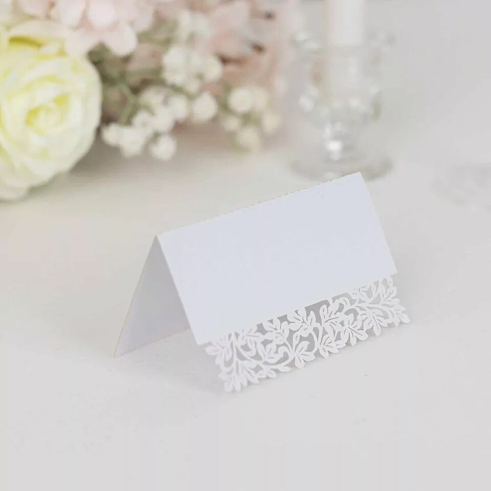 50 White Paper Table Name Place Cards Laser Cut Leaf Vine Design Party Events