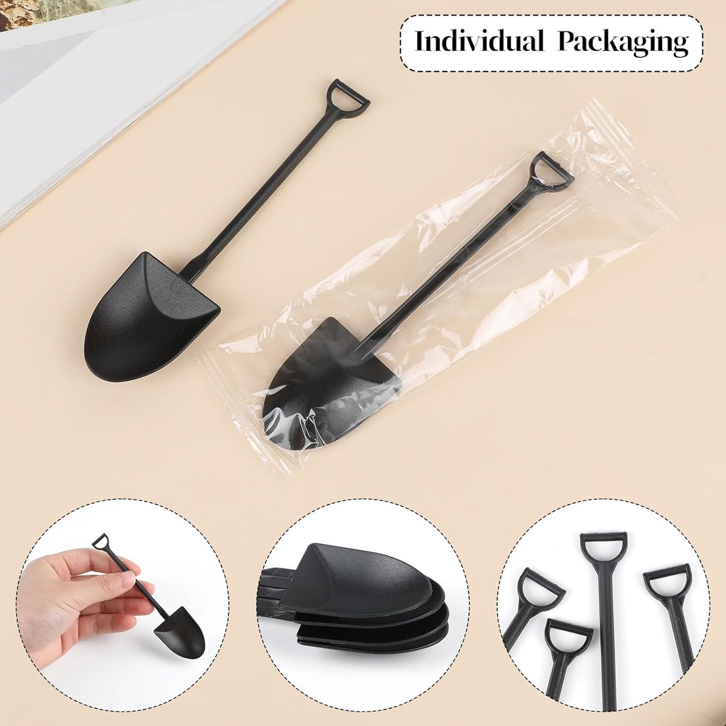 100 Pcs Plastic Mini Shovel Shape Spoons,Black Disposable Cute Shovel Dessert Spoons for Halloween Party Ice Cream Yogurt Pudding