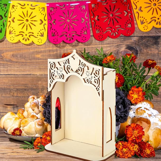 1 Pcs Large Dia De Los Muertos Altar Ofrenda Box, Poplar Plywood Self Painting Color Sacred Heart and Pigeon Papel Picado The Day of The Dead Supplies for Dia De Los Muertos Decorations