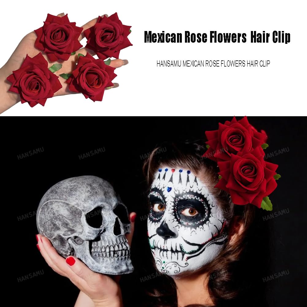 Rose Floral Pin up for Halloween Costume Decoration, Mexican Fabric Rose Flowers Brooch Hair Clip Headpieces for Woman Girl Day of the Dead (4 Pcs)