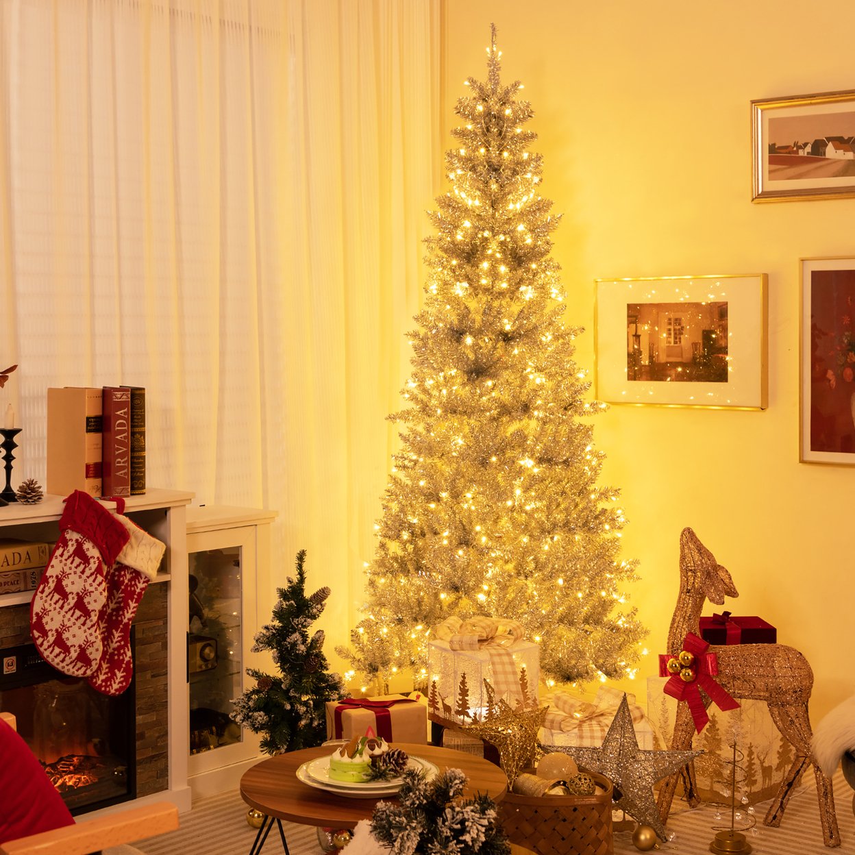 7 Ft Pre-Lit Artificial Silver Tinsel Christmas Tree Slim Pencil Xmas Tree