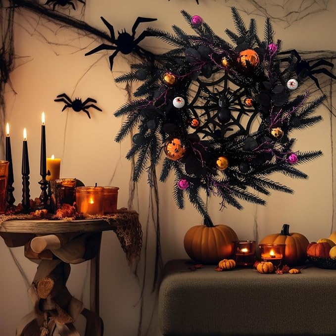 Halloween Wreath, 20 Inch Halloween Wreaths for Front Door,Halloween Door Wreath,with Black and Purple Theme Ornaments for Outdoor,Indoor,Home Party Decor