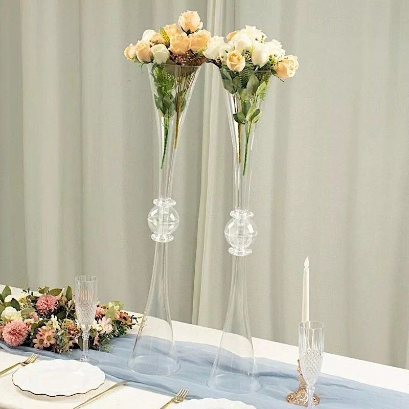 2 Clear 31" Plastic Reversible Trumpet Flower Vases Crystals Party Event