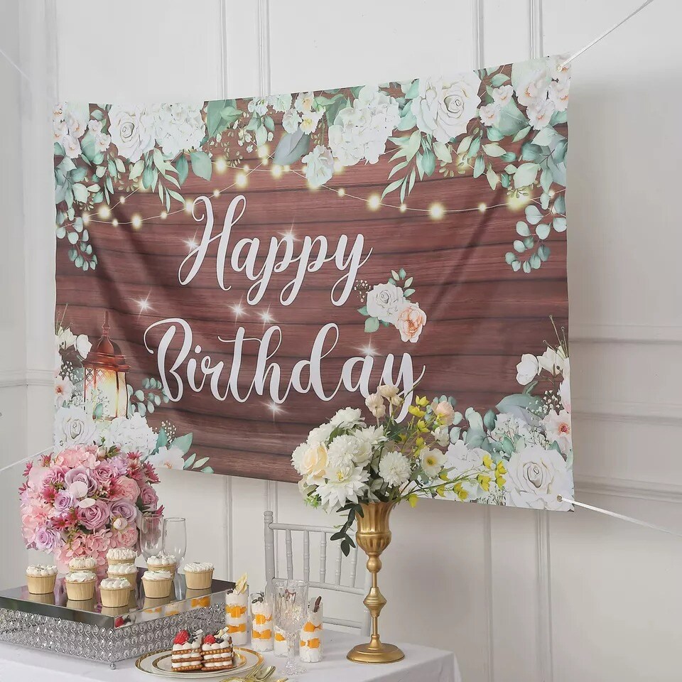 6 ft x 3 ft White Brown Wood Floral Printed Backdrop Happy Birthday Banner Party