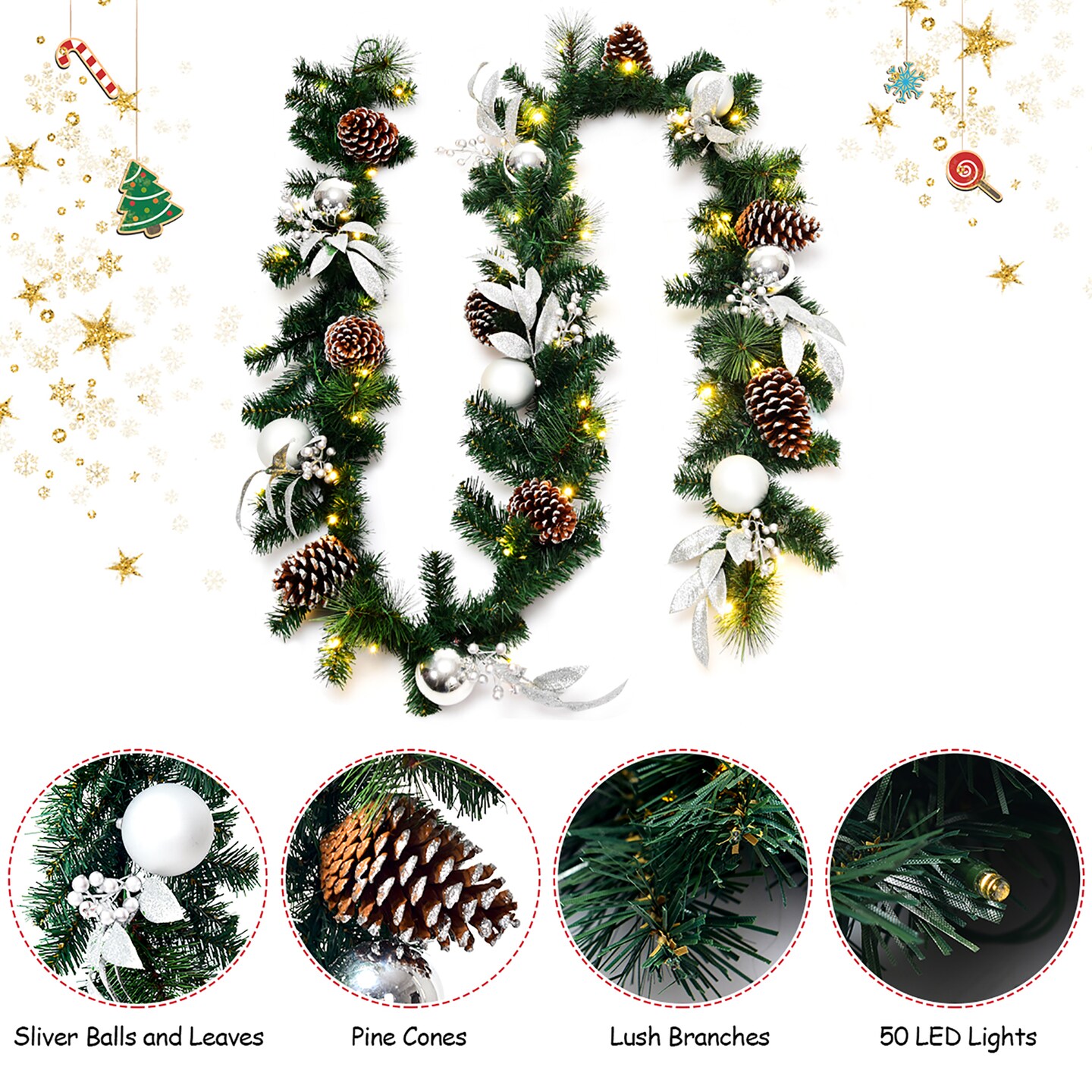 Costway 9ft Pre-Lit Artificial Christmas Garland with Mixed Decorations and LED Lights