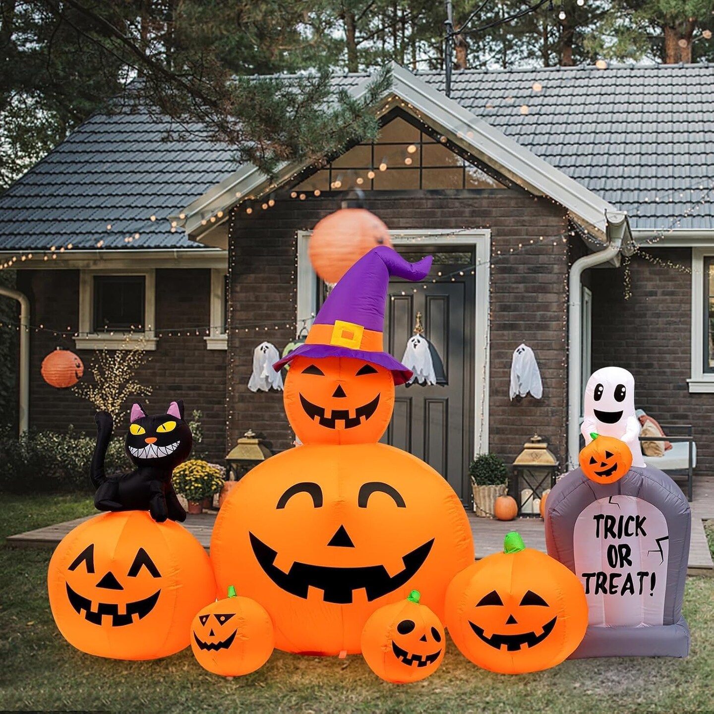 Halloween Inflatables Outdoor Decorations Scary Pumpkin with Witch Cat