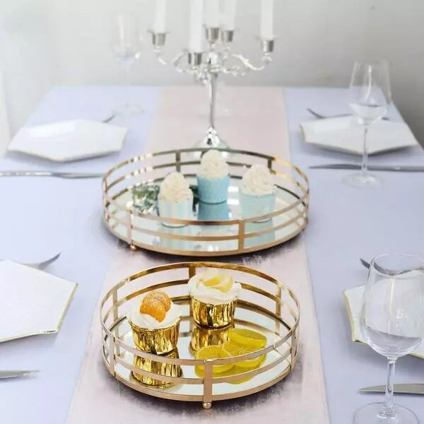 2 pcs Gold Metal Round Mirror Serving Trays Wedding Party Events Decorations