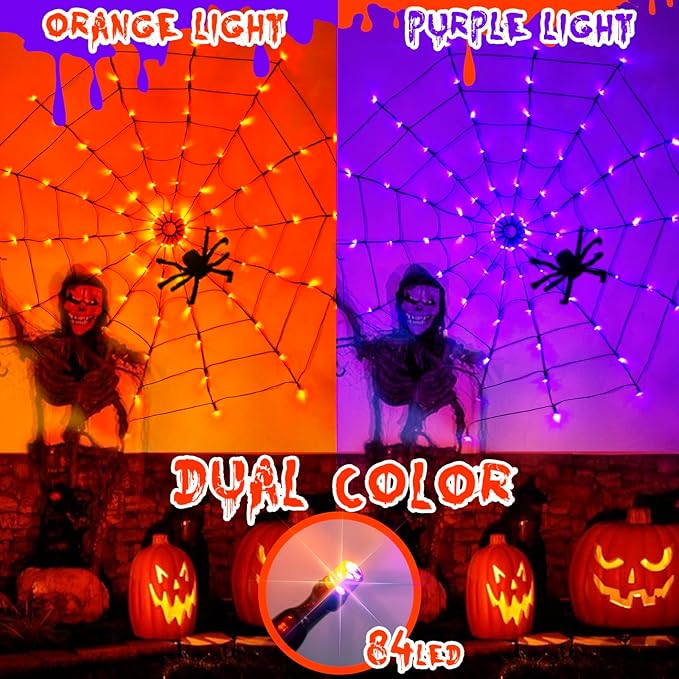 Halloween Spider Web Lights, 4FT Light up Spider Web Outdoor with 84LED and 8 Modes, Halloween Decorations Outside for Party Yard Bar Haunted House (Orange &#x26; Purple)