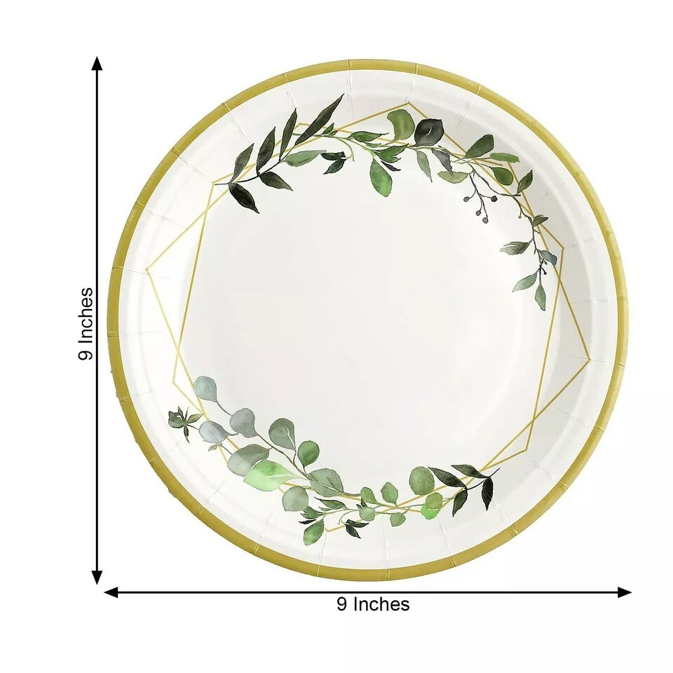 24 White 9" Round Paper Plates Eucalyptus Geometric Gold Rim Design Party Events