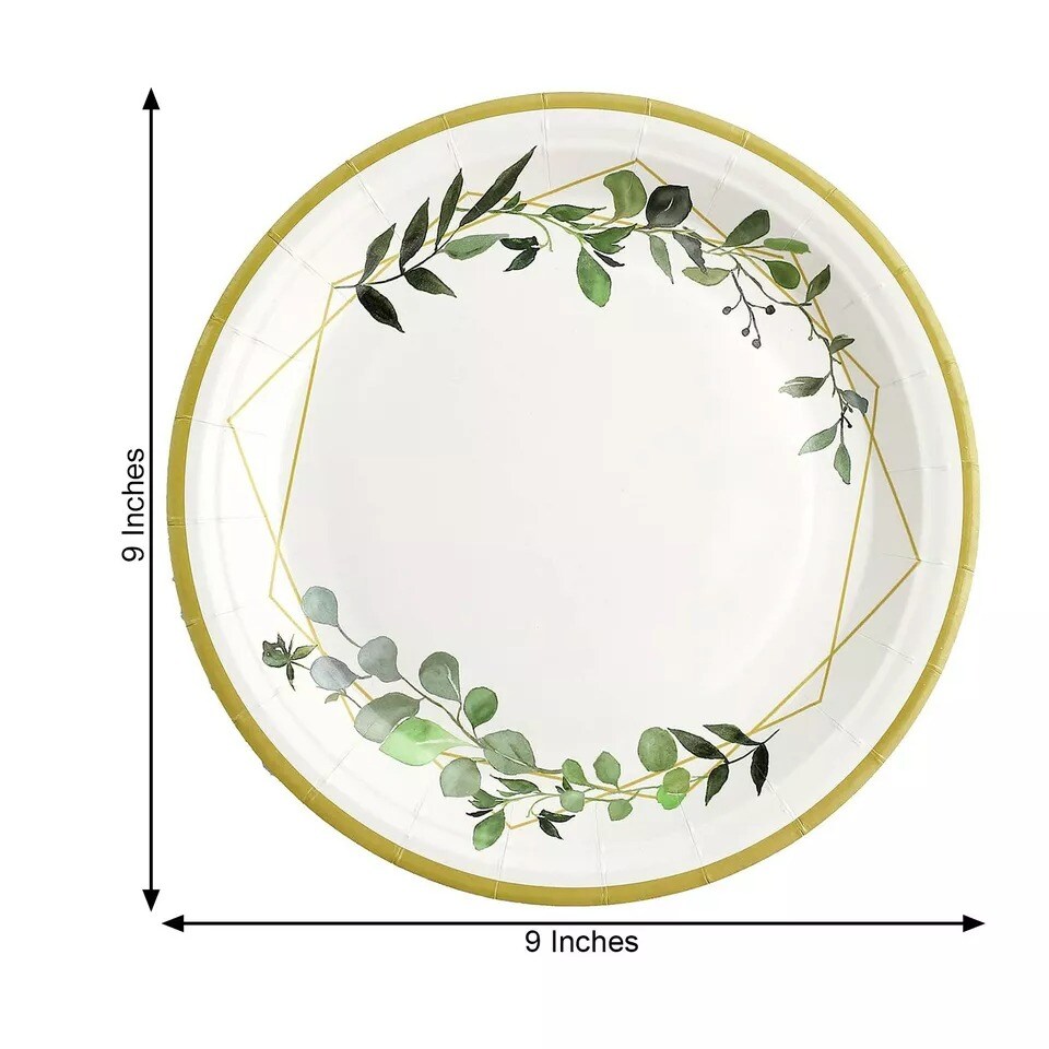 24 White 9&#x22; Round Paper Plates Eucalyptus Geometric Gold Rim Design Party Events